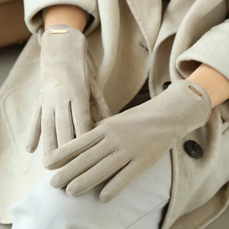 Gants à écran tactile pour femme, mitaines en cachemire fin, mitaines monochromes, maintien au chaud, conduite cycliste, tissu en daim, élégant, coupe-vent, automne, hiver