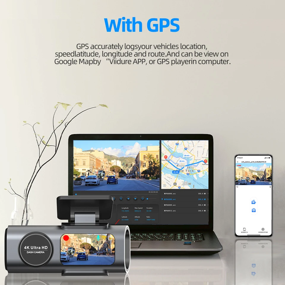 Cámara de salpicadero de doble lente, grabación 4K UHD, cámara de coche DVR, grabadora de vídeo de visión nocturna, Wi-Fi incorporado, compatible con GPS, estacionamiento 24H