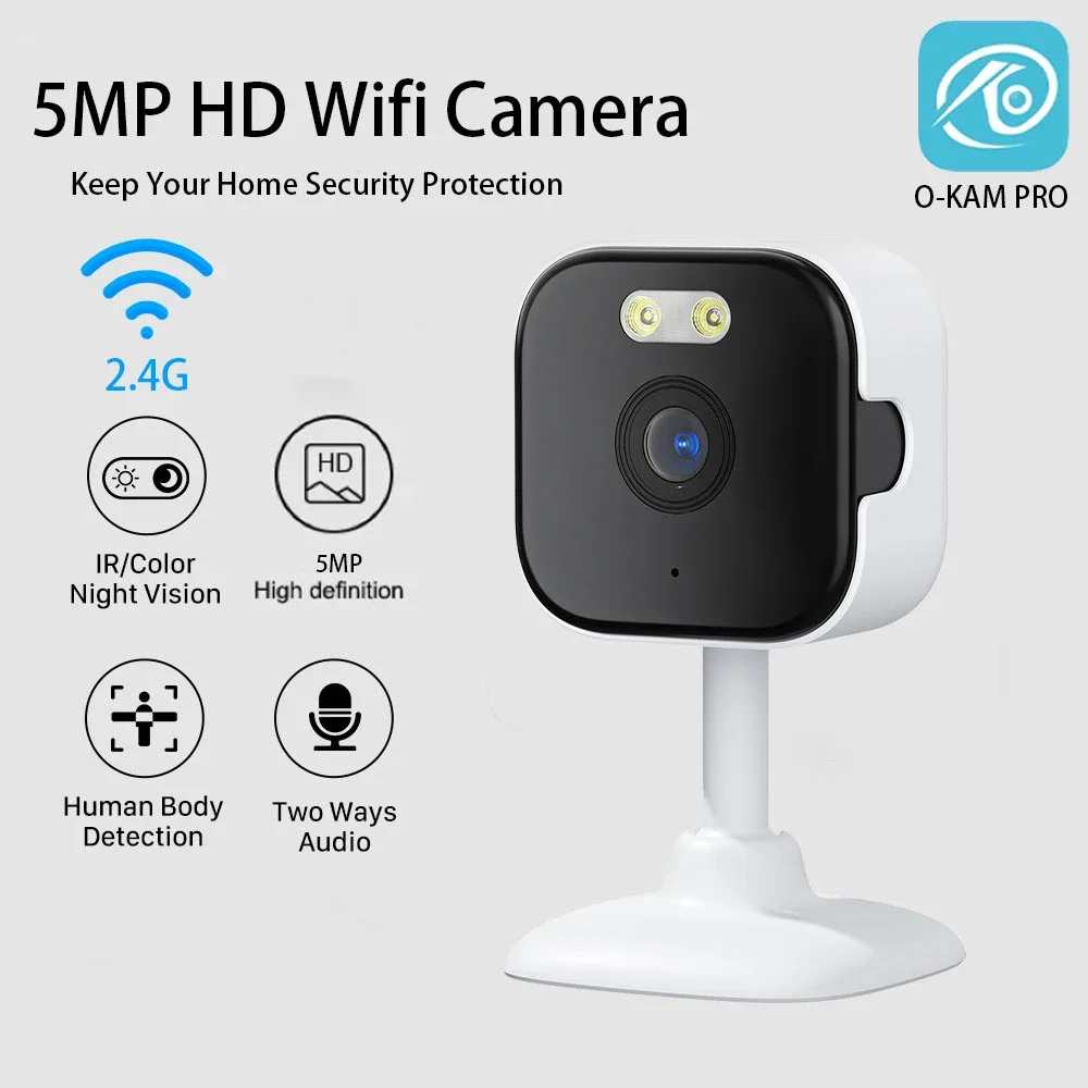 Cámara de seguridad HD Wifi de 5MP, Mini cámara de vigilancia interior para el hogar, visión nocturna, Audio bidireccional, detección humana, aplicación de O-KAM, cámara IP 5G