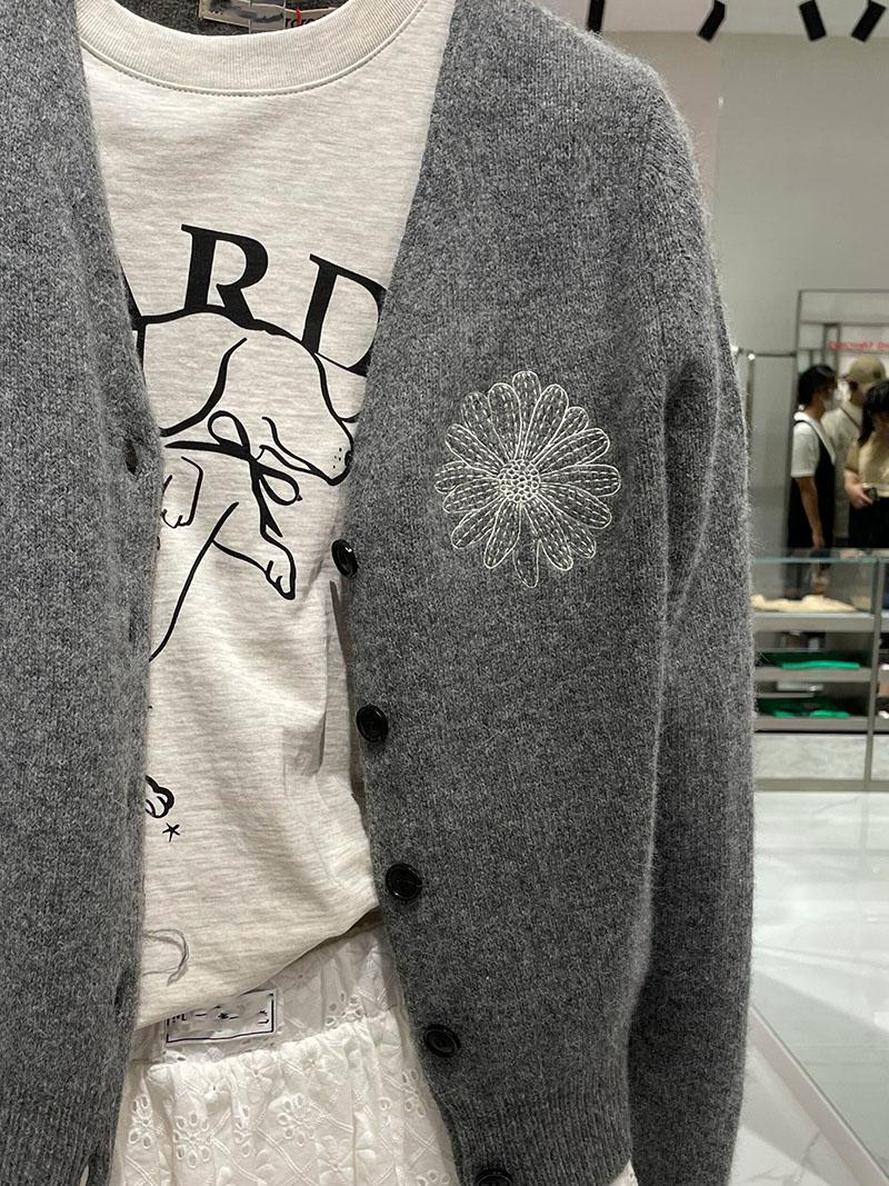 グレーニットセーターコート女性のためのデイジーフラワー刺繍デザイン秋冬新スタイル V ネック長袖通勤スタイル