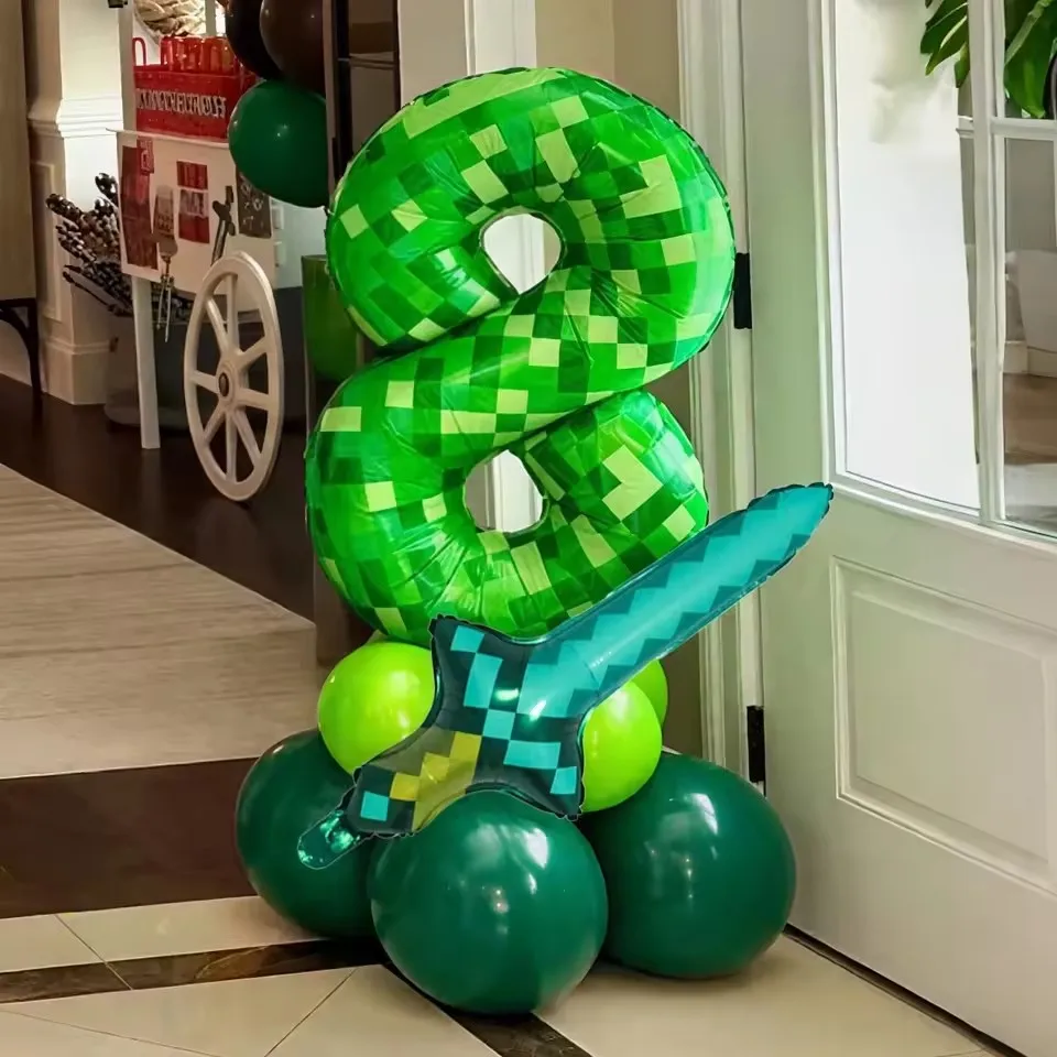 40 Zoll grüne Zahl Pixel Miner Ballon Set Diamant Schwert Aluminiumfolie Ballon Dschungel Spiel Event Geburtstag Party Dekoration