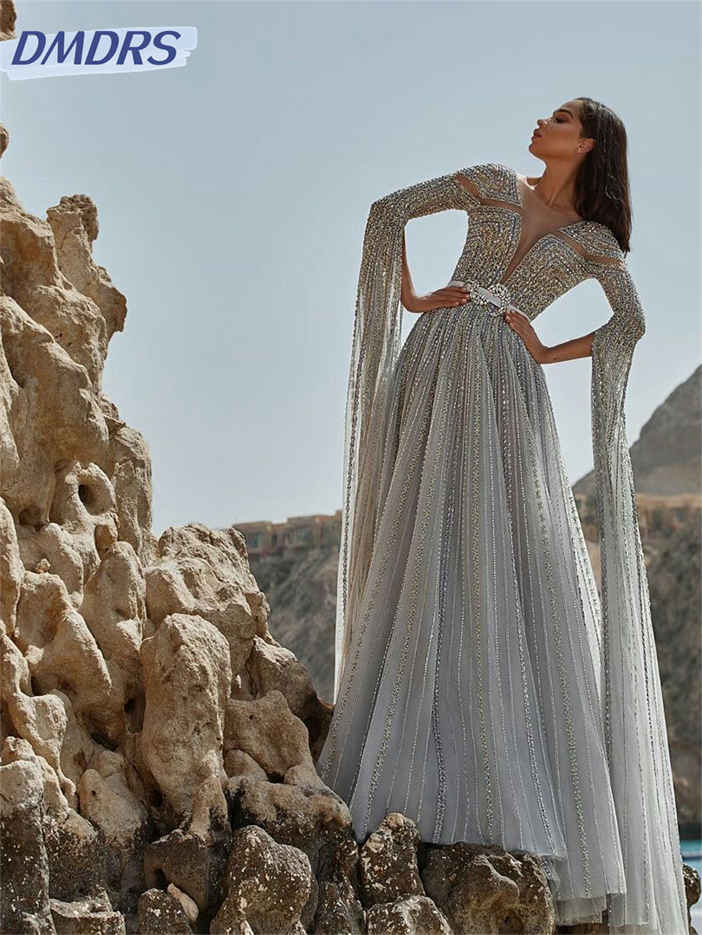 หรูหราลูกปัดเลื่อมชุดที่กําหนดเองเซ็กซี่ชุดเจ้าสาว Elegant แขนยาวความยาวชุดแต่งงาน Vestidos De Novia