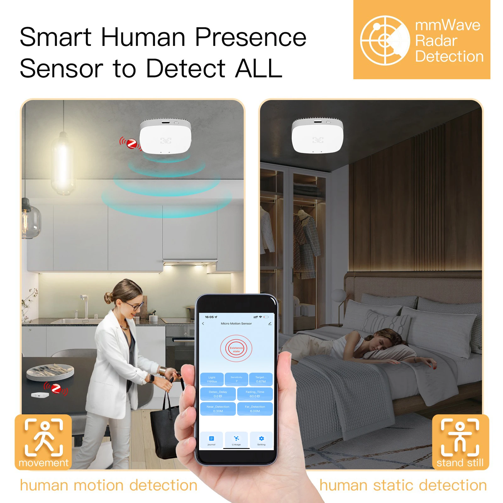Detector de presencia humana Zigbee Smart Life 5,8G/24G Tuya Wifi MmWave Radar Pir Montion Sensor con detección de luminancia