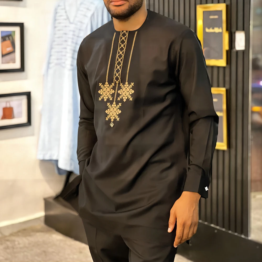 Traje tradicional africano para hombre, Camisa estampada, Top con cintura elástica, pantalones blancos para boda, conjunto de 2 piezas, trajes de estilo étnico