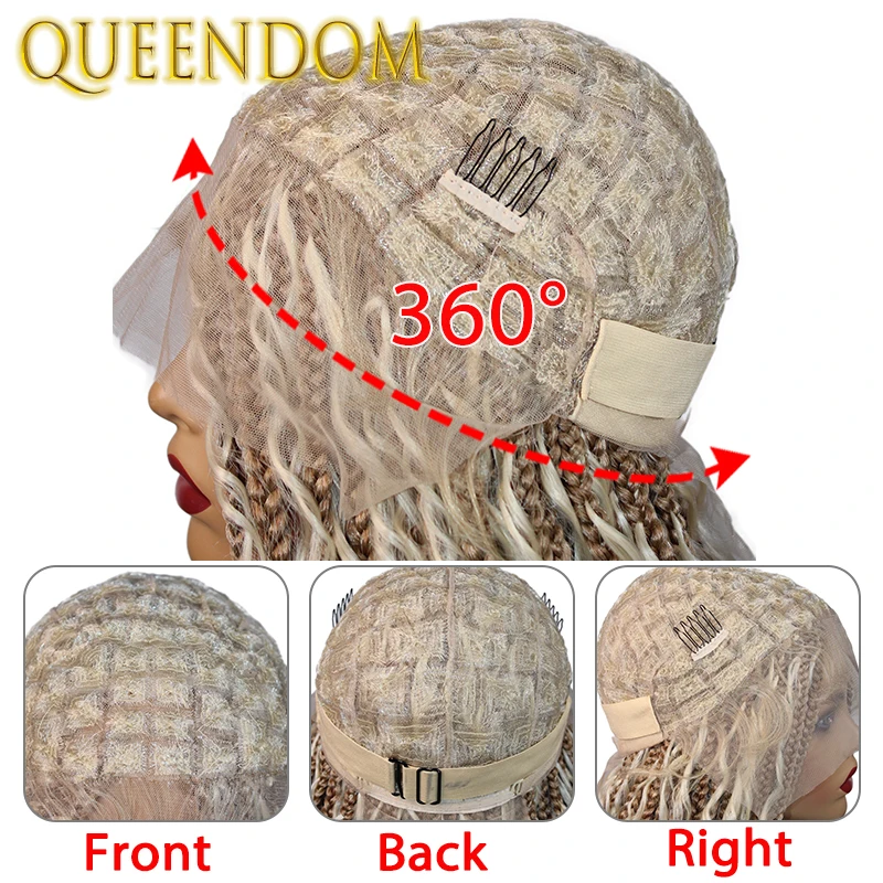 Peluca trenzada bohemia de encaje completo sintético, trenzas en caja de 32 pulgadas, peluca de diosa con pelo rizado, peluca trenzada Cornrow de gradación rubia ombré
