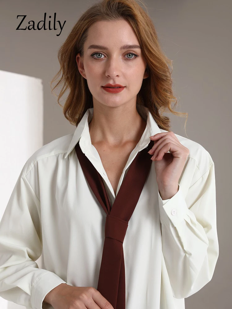 Zadily 2024 Zomer Minimalistisch Lange Mouw Knoop Shirt Vrouwen Koreaanse Stijl Effen Stropdas Oversized Shirts Blouse Losse Kleding Tops