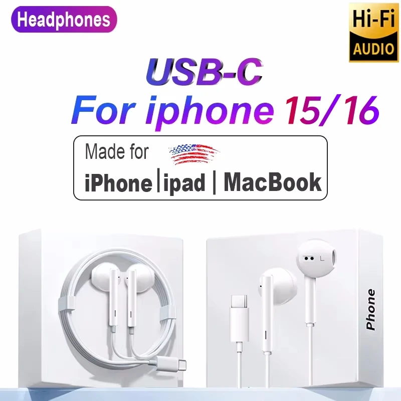 Fones de ouvido com fio tipo c para apple iphone 15 16 pro max com microfone fone de ouvido intra-auricular para samsung huawei xiaomi USB-C telefone