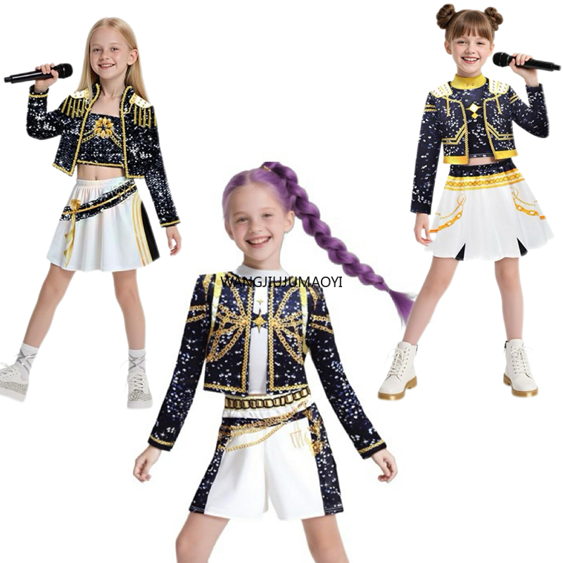 Kids Mira Rumi Zoey Stage Outfits Cosplay Black Costume Girls Uniform Halloween Party Role Playing Printed Fancy Dress Up Suits