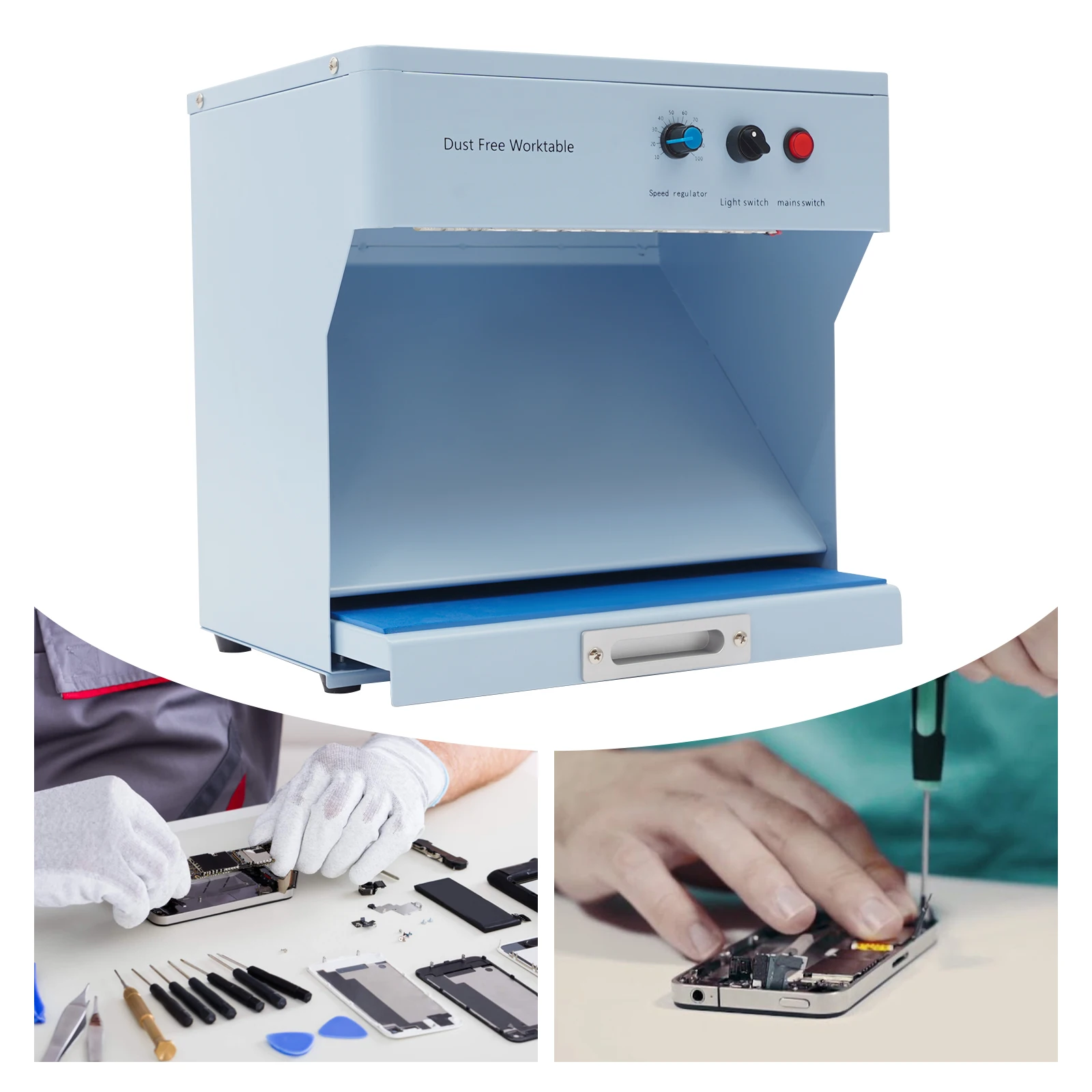 Air Flow Clean Bench Sheet Metal Workstation,110V Baby Blue Rectangular Dust-free Room Workstation for Phone LCD Repair