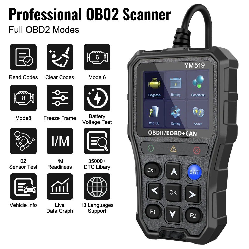 เครื่องทดสอบแบตเตอรี่เครื่องอ่านรหัส Fault Code Scanner OBD2 รหัส Reader Multi-Language YM519 เครื่องมือวินิจฉัยรถยนต์ตรวจสอบระบบเครื่องยนต์