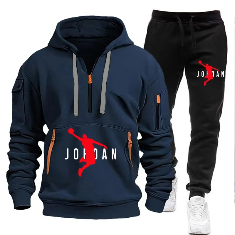 Agasalho masculino com capuz com zíper, multibolsos e calças de proteção, casual, jogging, outono/inverno, conjunto de 2 peças, tamanho grande S-3XL