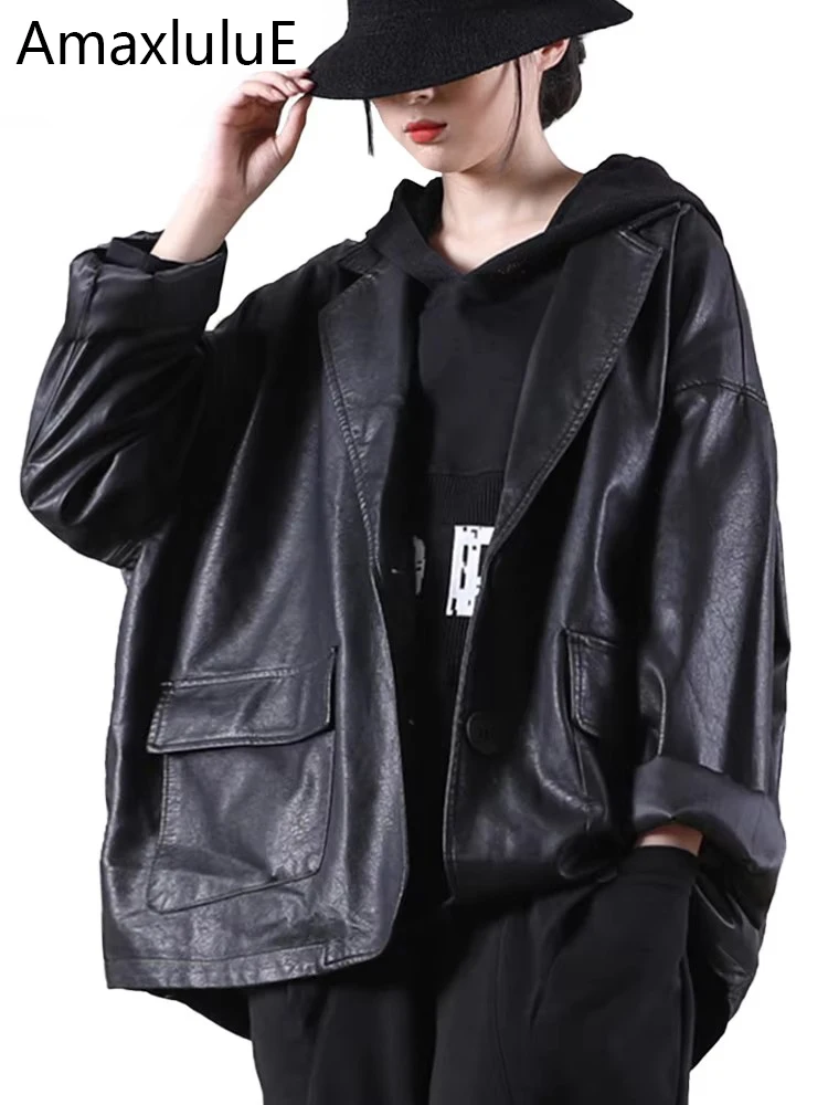 Amax luluE 2025, Herbst, England, Designer-Damen, schwarze Kunstlederjacken, lockerer lässiger Biker-Mantel, Damen, Harajuku, Pu, Streetwear