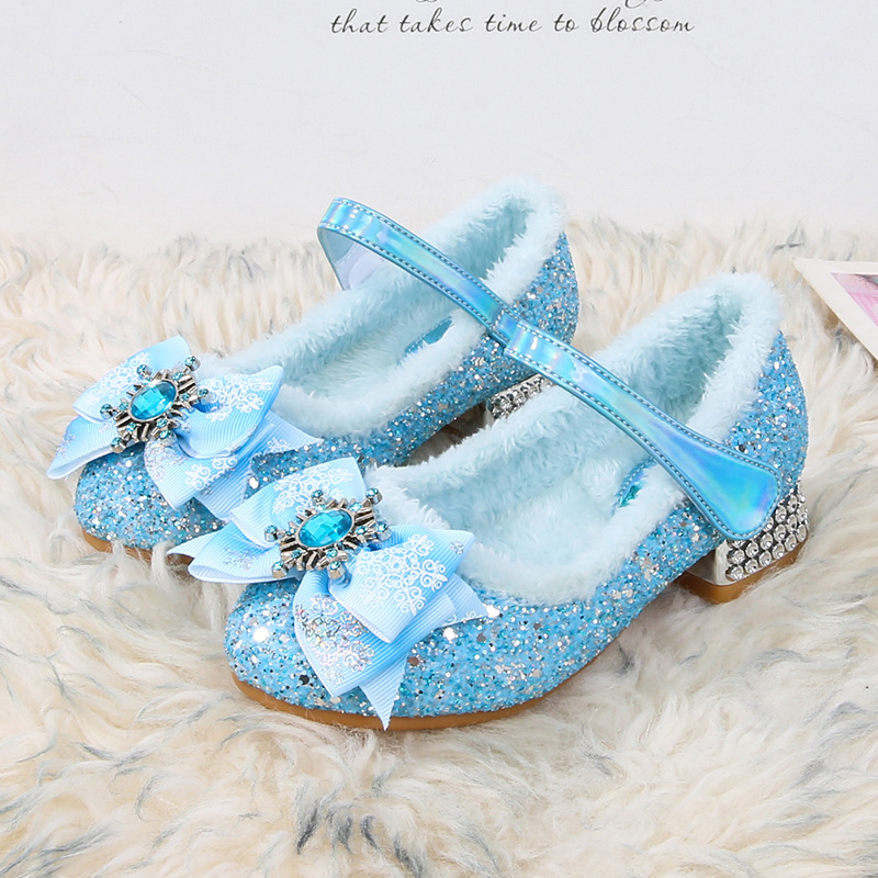 Disney Elsa Mädchen High Heel Schleife Blau Rosa Mode Kinder Mädchen Kristall Prinzessin Warme Winterschuhe Geschenk Größe 23-36
