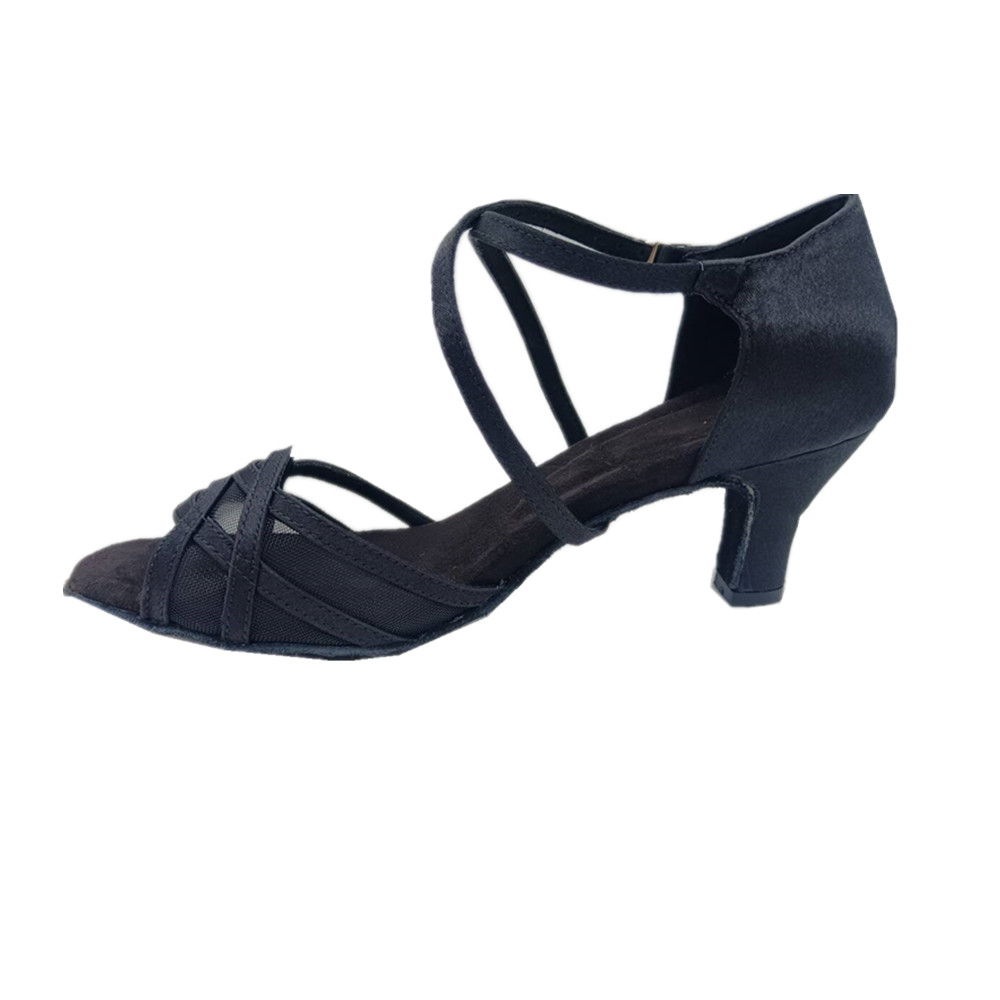Evkoodance 8,3 cm Absatzhöhe Bequemer schwarzer Satin mit Mesh Zapatos De Baile Latein-Schuhe für Damen Evkoo-526