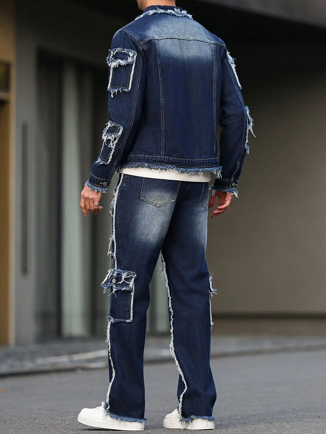 Terno jeans masculino primavera e outono, design com vários bolsos, estilo calças largas e retas