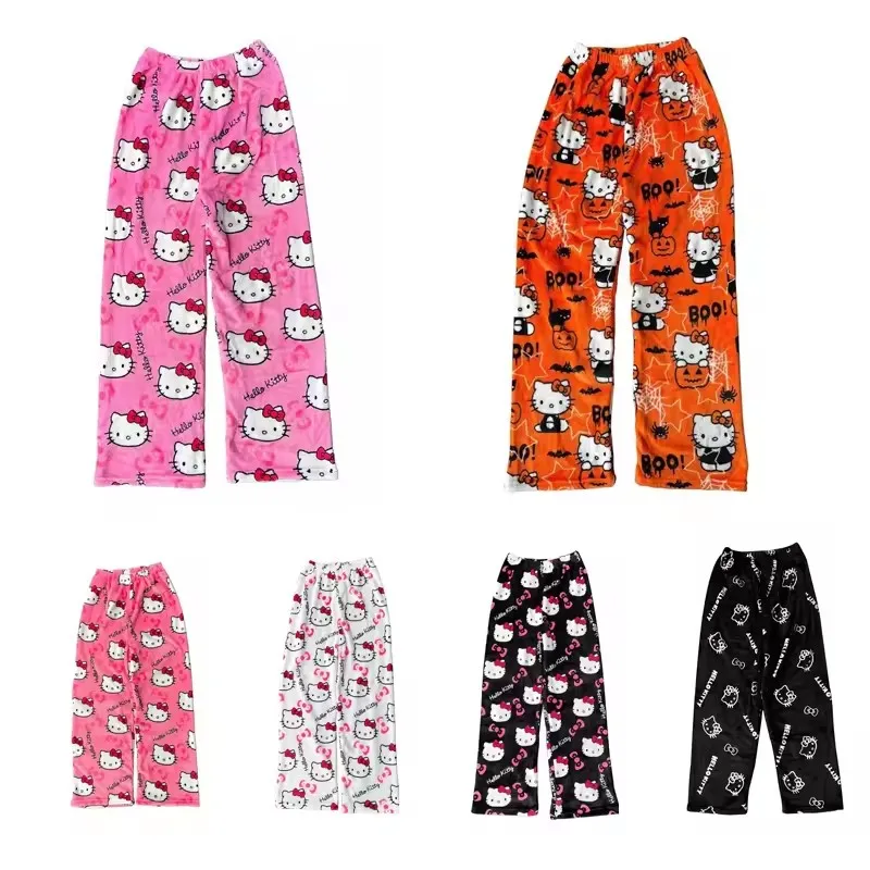 2025 Sanrio Hello Kitty Pigiama Halloween Flanella Moda Pantaloni da donna Kawaii Lana Anime Cartoon Casual Pantaloni da casa Autunno