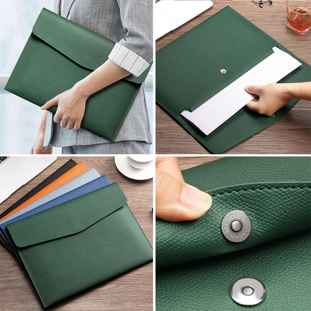 A4 Paper Portable Leather File Bag Fashion File Bag Thickening Button Waterproof Business Office Documents Storage Management