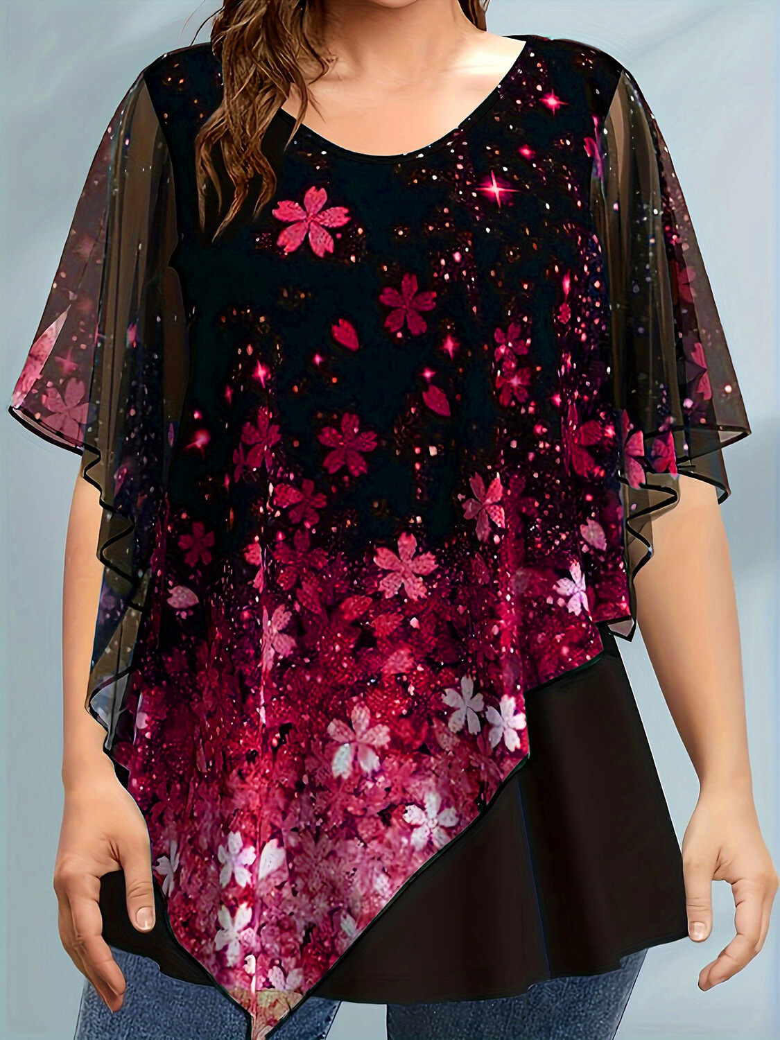 Damen-Bluse in Übergröße, Chiffon, Blumendruck, gefälschte zweiteilige asymmetrische Kurzarm-Rundhalsbluse, Sommer 2022, lässige Oberteile