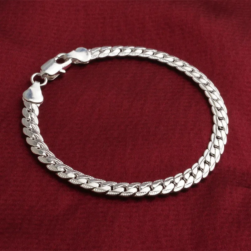 Pulsera de plata de ley 925, 6mm, 18/20cm, cadena lateral plana, pulsera con cierre de langosta para mujer, hombre, joyería de compromiso de boda
