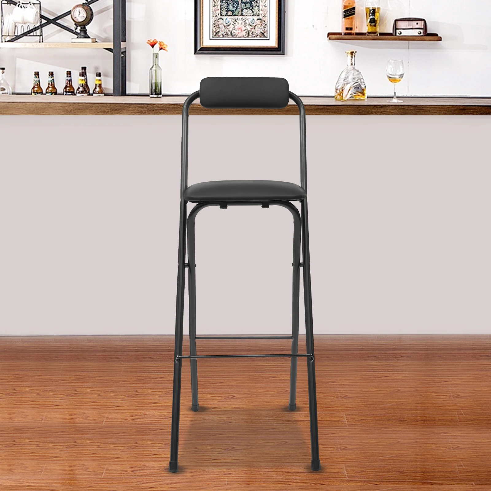 Black Portable Foldable Bar Chair Tall Folding Stool with Sponge Seat Backrest  275lbs Load Bearing for Home Bar Cafe Office