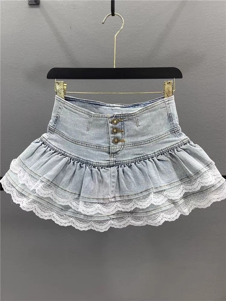 Женская винтажная джинсовая плиссированная юбка с кружевным складком, короткая юбка трапециевидной формы со встроенными шортами, американская пряная девушка, корейская мода, Hotsweet