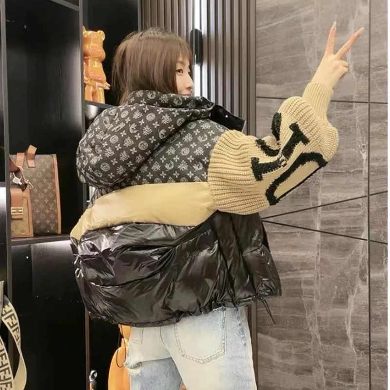 Chaqueta corta de retales para mujer, Abrigo con capucha y letras, Parka con bloqueo de Color, abrigos acolchados sueltos de plumón, moda de invierno