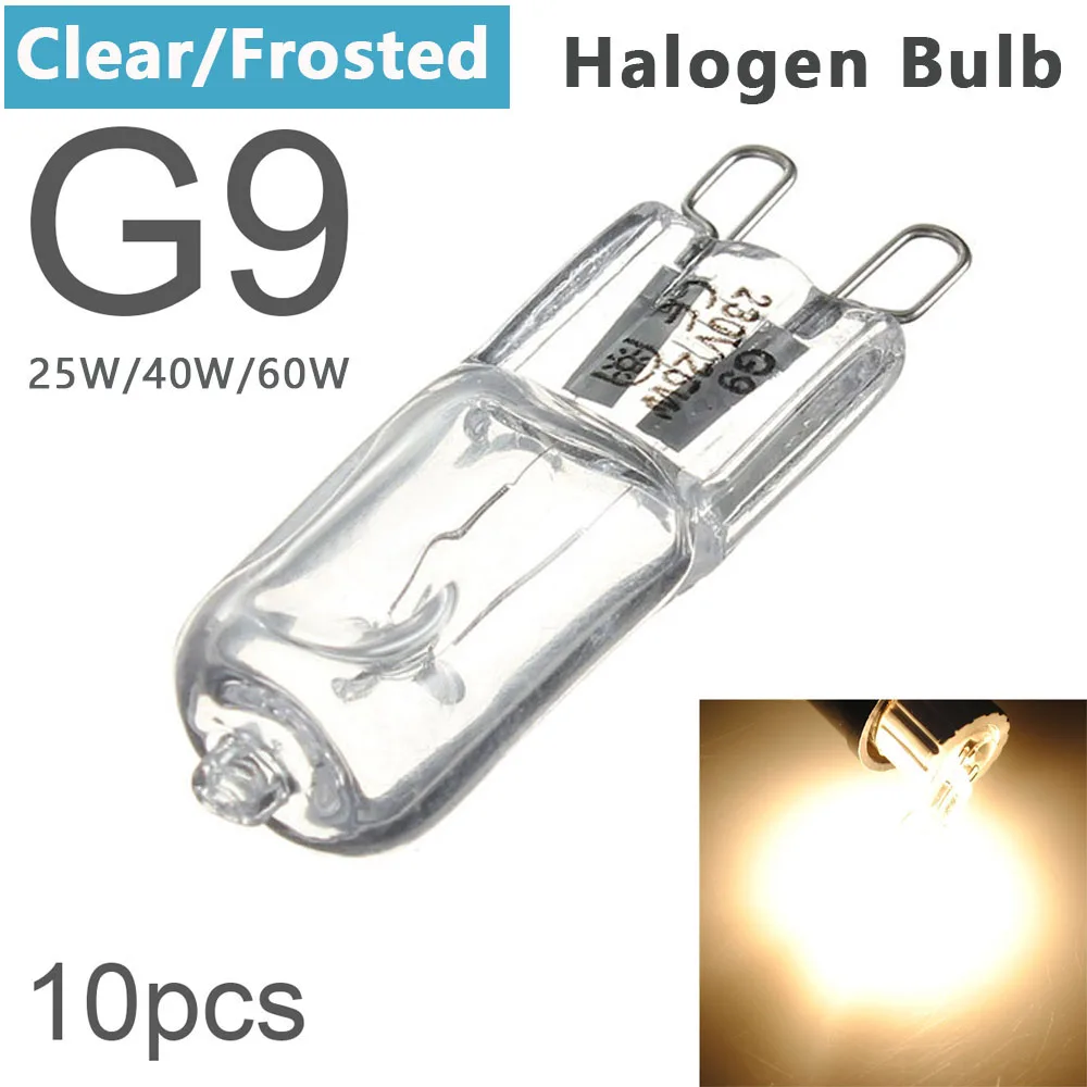 10 Uds G9 25W 40W 60W bombillas halógenas transparentes/esmeriladas Base de 2 pines bombilla pequeña blanca cálida para candelabros/colgantes/luces de gabinete