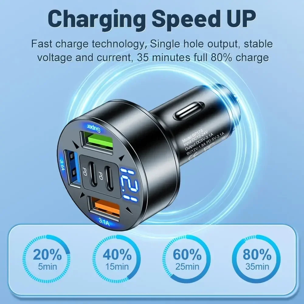 ​ 250W 5-poorts PD QC3.0 snelle USB-C autotelefoonoplader Type C-adapter in auto met trekring ​ ​   Voor IPhone12-16/Xiaomi/Samsung/Huawei