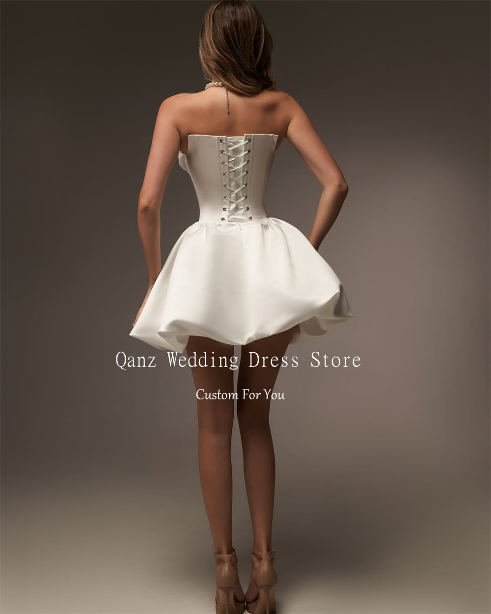 Qanz Vintage Satin Wedding Party Dresses Strapless Short A Line Ivory Lace Up Back Vestidos Para Mujer Bridal Gowns Customized