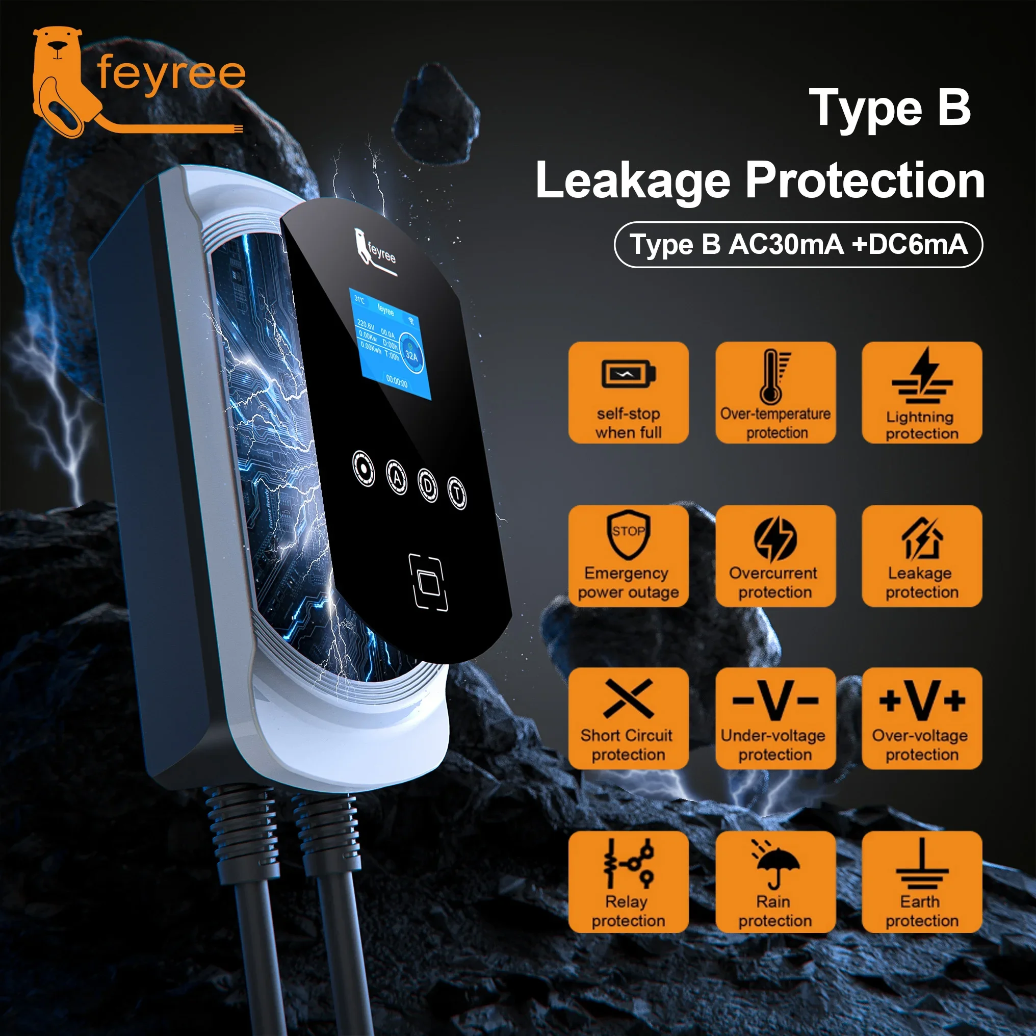 Feyree EV-Ladegerät Typ2-Kabel 32 A 7,6 kW Dynamic Load Blancing EVSE Wallbox APP-Funktion 11 kW 22 kW Ladestation Elektroauto