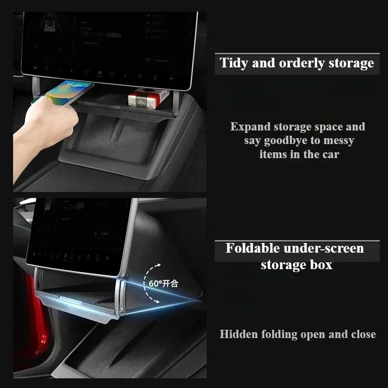 Under Screen Storage Box for Tesla Model Y/3+ Highland Model Y juniper Central Control Hidden Storage Organizer Tray Accessories