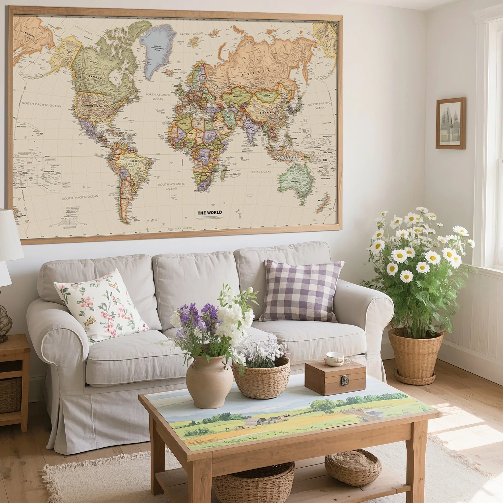 Póster de mapa del mundo de pared de tela de 225x150cm, mapa artístico detallado no tejido, pintura en lienzo no tejido, decoración del hogar para escuela y oficina