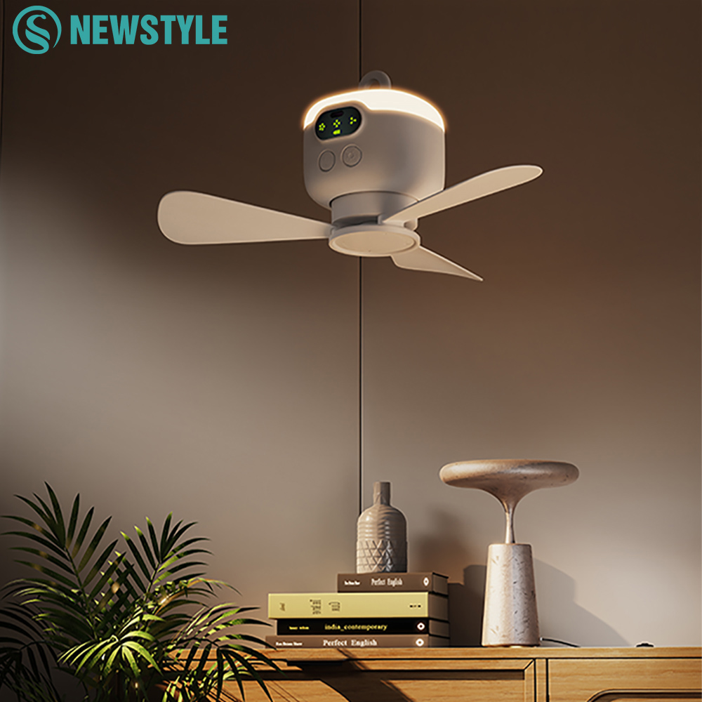 Plafondventilator voor thuis, 3 snelheden verstelbaar, 8000 mAh, draagbaar voor buiten, campingventilator, plafondventilator met draadloze afstandsbediening en nachtverlichting