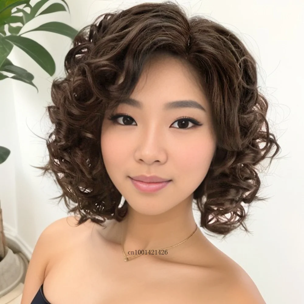 Perucas curtas de mamãe encaracoladas para mulheres, cabelo sintético, marrom, peruca natural, couro cabeludo falso, peruca realista para mulheres idosas, penteado felpudo e fofo