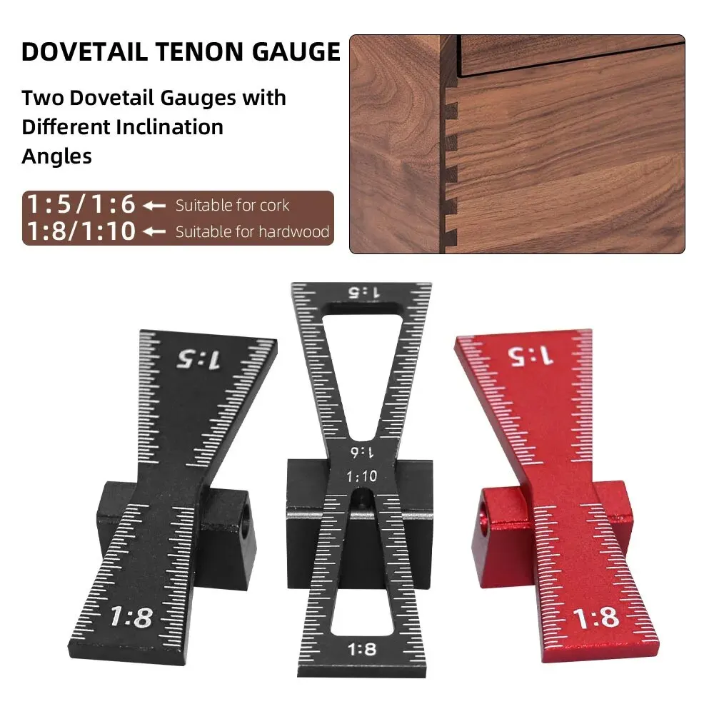 Schwalbenschwanzmarkierungsschablone aus Aluminiumlegierung für die Holzbearbeitung. Präzise Schwalbenschwanzführung mit Schwalbenschwanzführungen im Maßstab 1:5, 1:6, 1:8 und 1:10