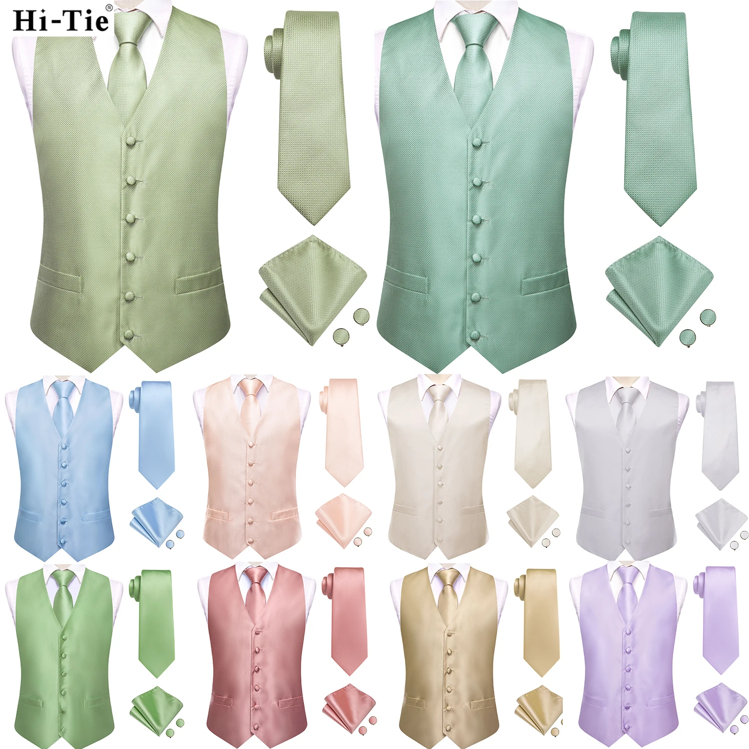 Hi-Tie Sage Green Solid Silk Męskie kamizelki garniturowe 4PC Tkana kamizelka Krawat Kieszonka Kwadratowe spinki do mankietów Biznesowa suknia ślubna Kurtka w talii
