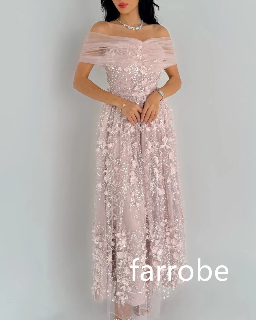Customized Sparkle Net Pleat Sequined A-line Off-the-shoulder Midi Dresses Homecoming Dresses Classic Exquisite Modern Style Pas