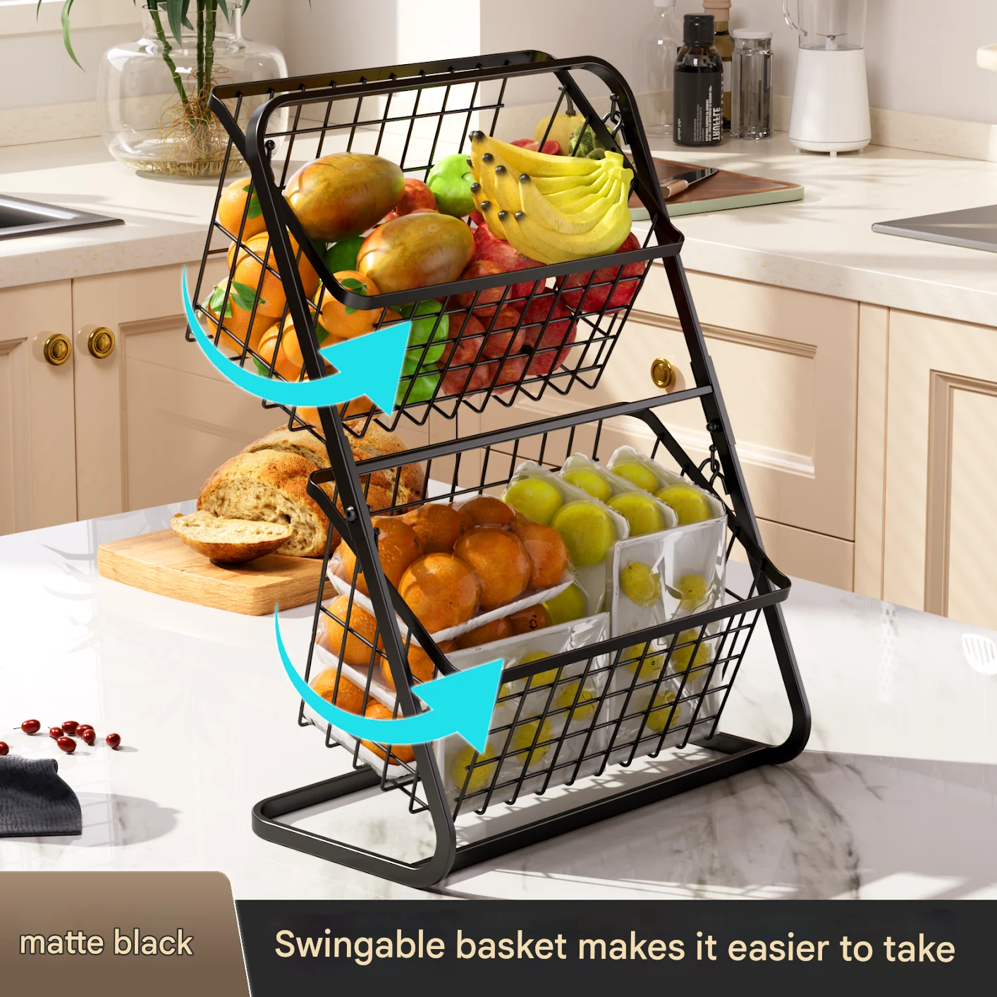 Scaffale per verdure da cucina, scaffale per verdure multistrato dal pavimento al soffitto nero, cesto portaoggetti per frutta e verdura per la casa