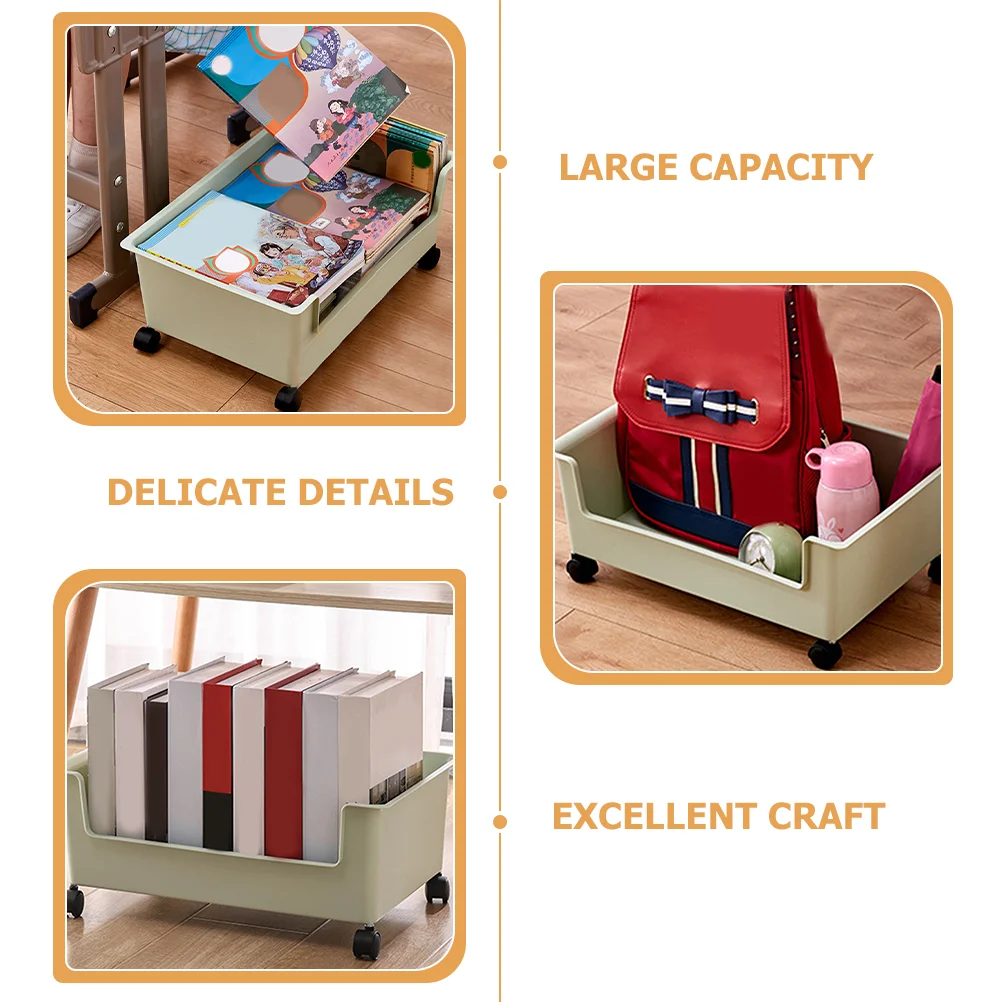 Movable Student Classroom Book Box with Pulleys Storage Organizer Sundry Sundries Container Bins Basket Plastic Holder Bookcase