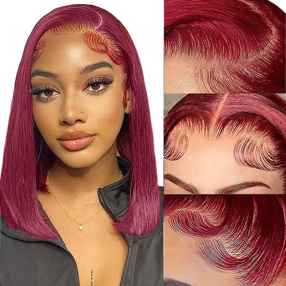 99j borgonha em linha reta bob perucas usar e ir perucas sem cola 13x4 frente do laço perucas de cabelo humano pré corte sem cola para mulher vermelho colorido