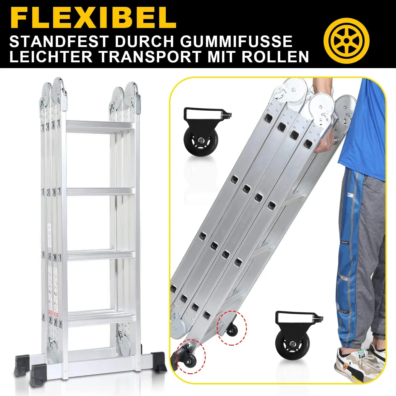 Scala multifunzionale 4x4, 7 in 1, alluminio da 470 cm, con 2 piattaforme, ruote, carico massimo 150 kg, per uso domestico.