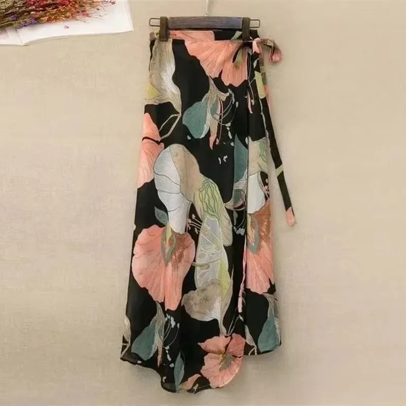 Gonna floreale da spiaggia estiva per donna Gonna lunga avvolgente in cotone a vita alta lunga con spacco laterale e dettaglio cravatta Design stile Boho