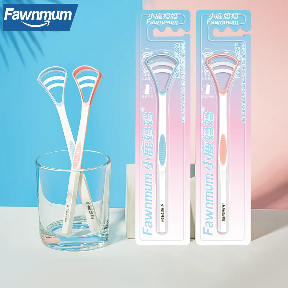Fawnmum Raschietto per lingua in silicone con manico antiscivolo Detergente per lingua a doppio lato Spazzola per lingua per l'alito più fresco per l'igiene orale
