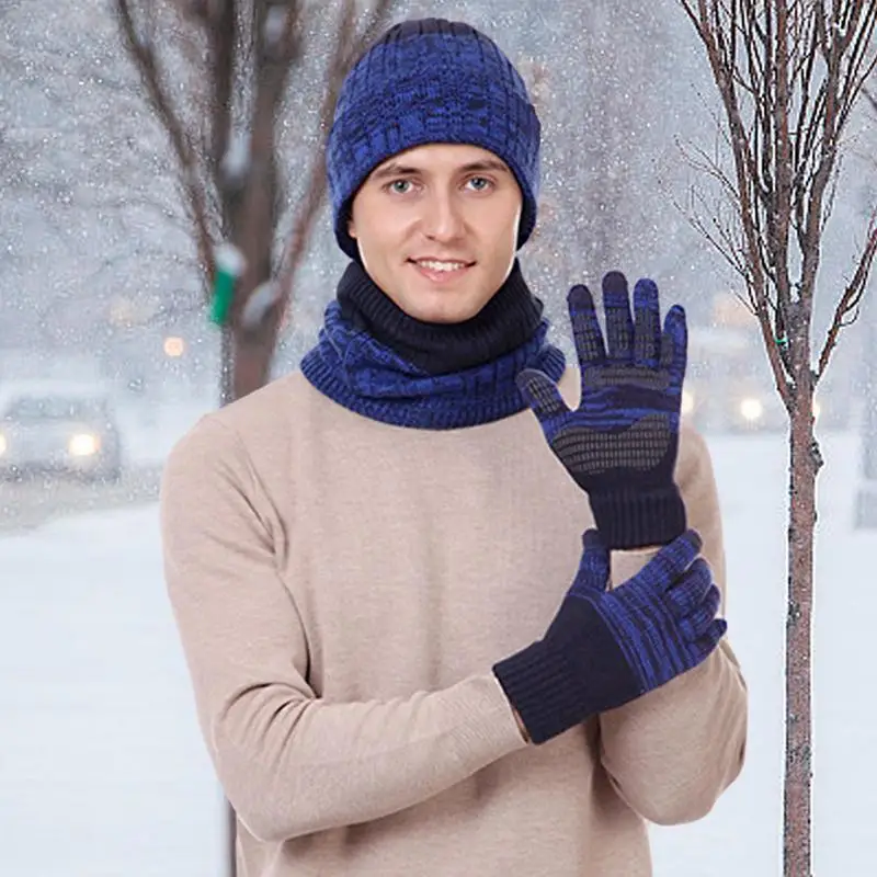 Winter 3-in-1 Schal Mütze Handschuhe Set Halswärmer Strickschal Beanie Mütze und Handschuhe Set Warm Weich 3-teiliges Mütze Schal Handschuhe Set
