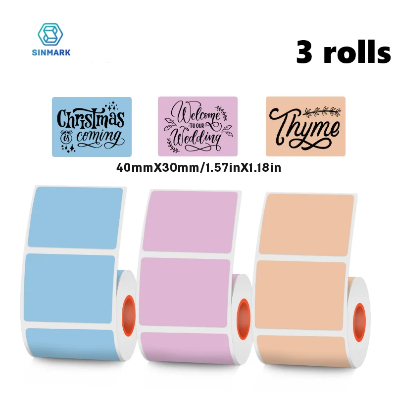 SINMARK étiquettes de couleur 3 rouleaux autocollants auto-adhésifs pour imprimantes thermiques trois couleurs pures disponibles autocollants imperméables bricolage