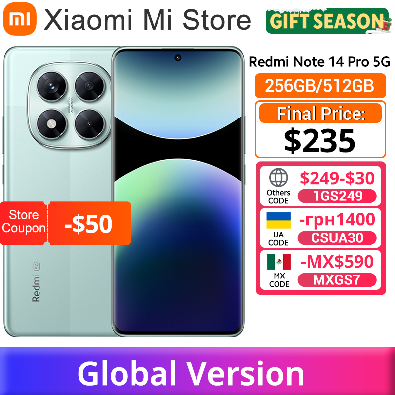 Глобальная версия Xiaomi Redmi Note 14 Pro 5G Смартфон MediaTek Dimensity 7300-Ultra 200MP AI камера NFC 6,67 "AMOLED-дисплей IP68