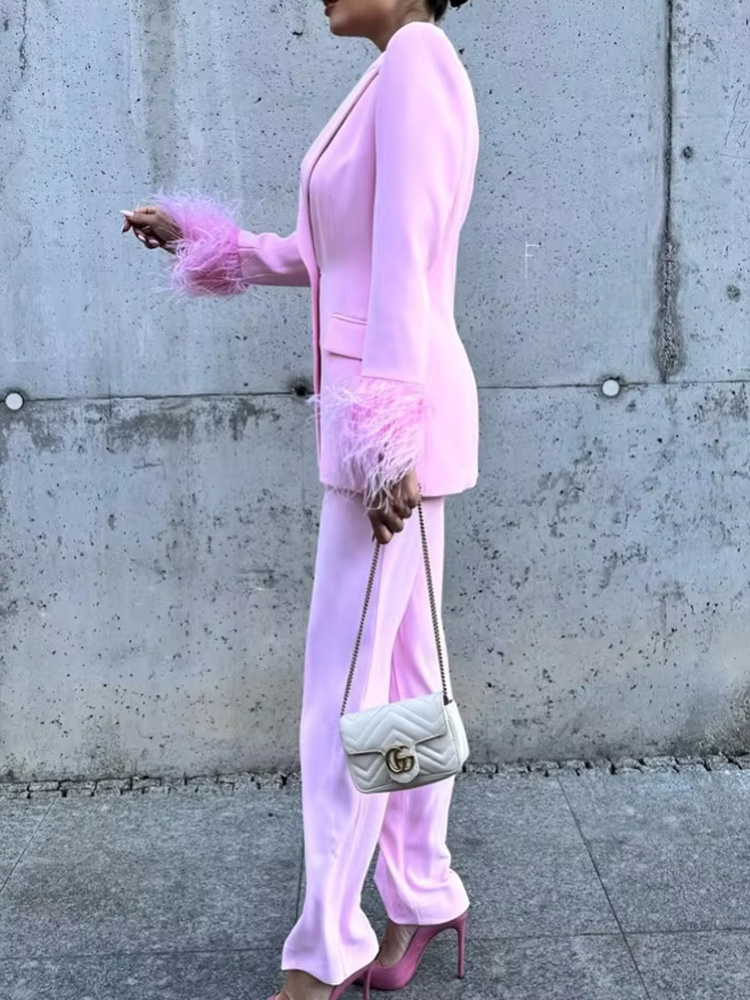 HH Conjuntos femininos moda rosa gola virada para baixo mangas compridas blazer de penas de peito único + calças compridas com zíper de bolso de cintura alta