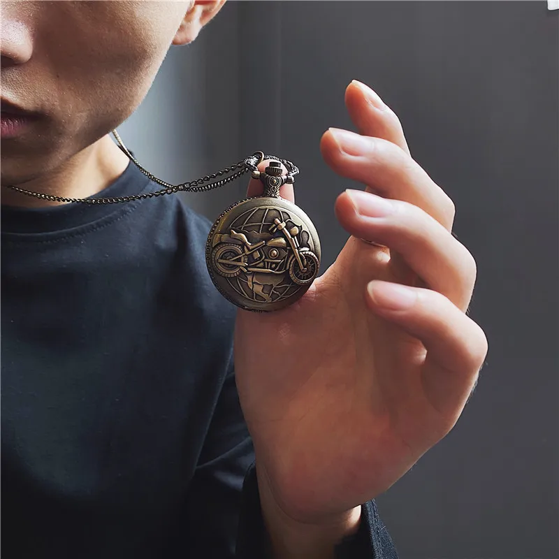Retro motocykl samochód wzór kwarcowy zegarek kieszonkowy motocykl MOTO Design wisiorek Fob łańcuszek do zegarka prezenty dla mężczyzn