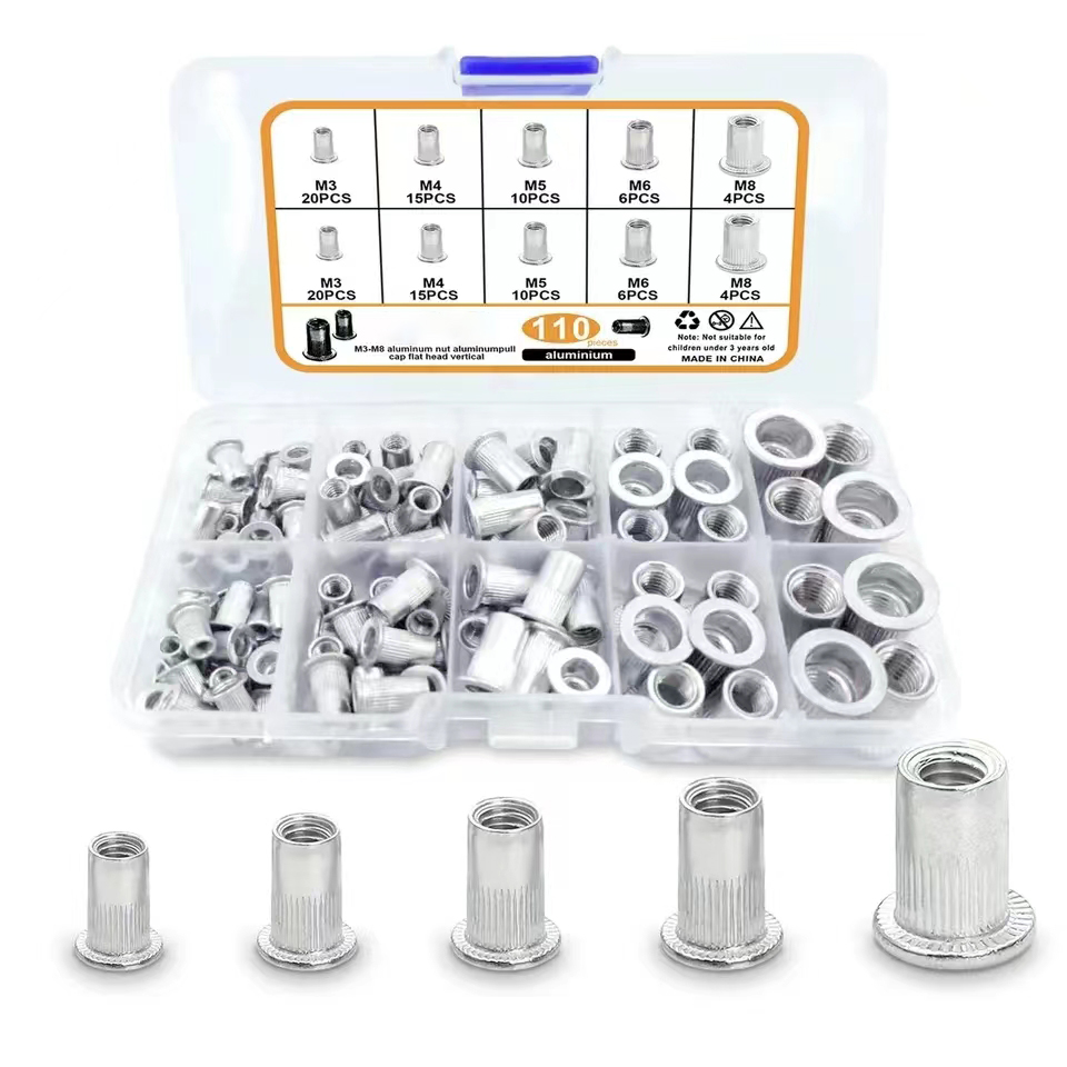 Dadi rivettati da 110 pezzi, kit di montaggio dadi filettati piatti in alluminio, adatti per automobili, mobili, prodotti industriali