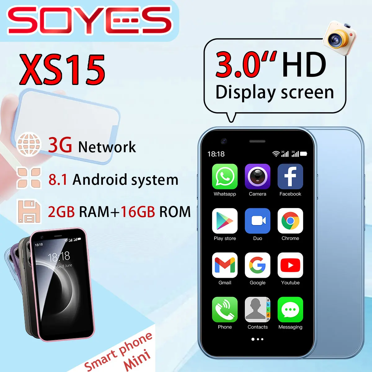 สมาร์ทโฟน SOYES XS15 สีน้ำเงิน รุ่นมินิ ระบบปฏิบัติการ Android 8.1 หน้าจอ 3.0 นิ้ว หน่วยความจำ 2/16 รองรับซิมคู่แบบ Dual Standby รองรับ Play Store